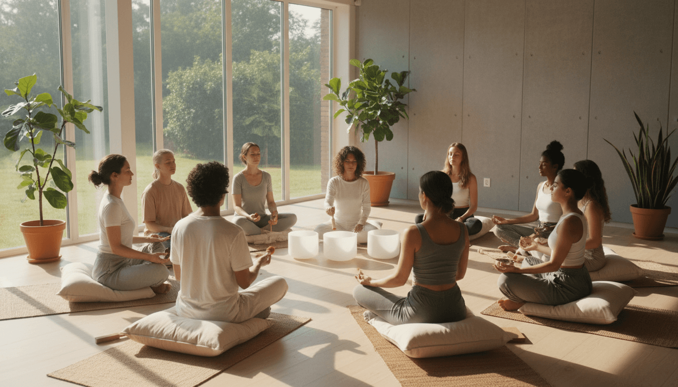 Group workshop session with multiple participants experiencing collective regulation