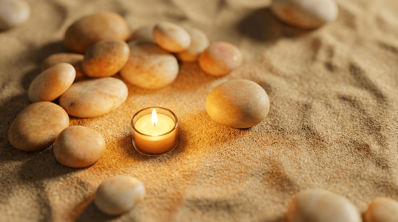 Overhead zen stones on sand with warm candlelight casting moving shadows, soft focus technique.