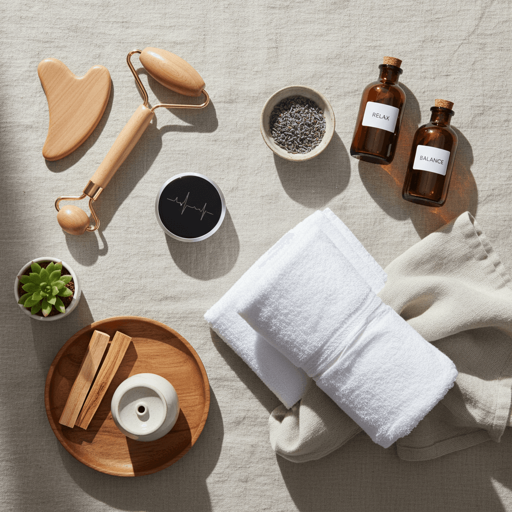 Wellness products arranged on neutral surface